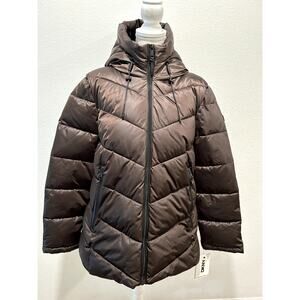 DKNY Women's Hooded Zip-Front Puffer Jacket - Bitter, Large - Winter Coat New